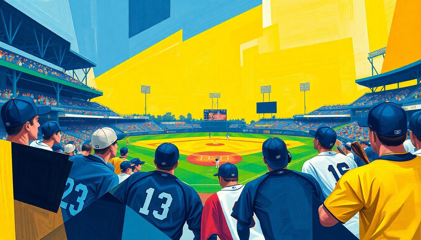 A fragmented, geometric painting depicting the dynamic movements and competing forces of a college baseball game, with sharp planes of navy blue, gold, and white representing the team uniforms.