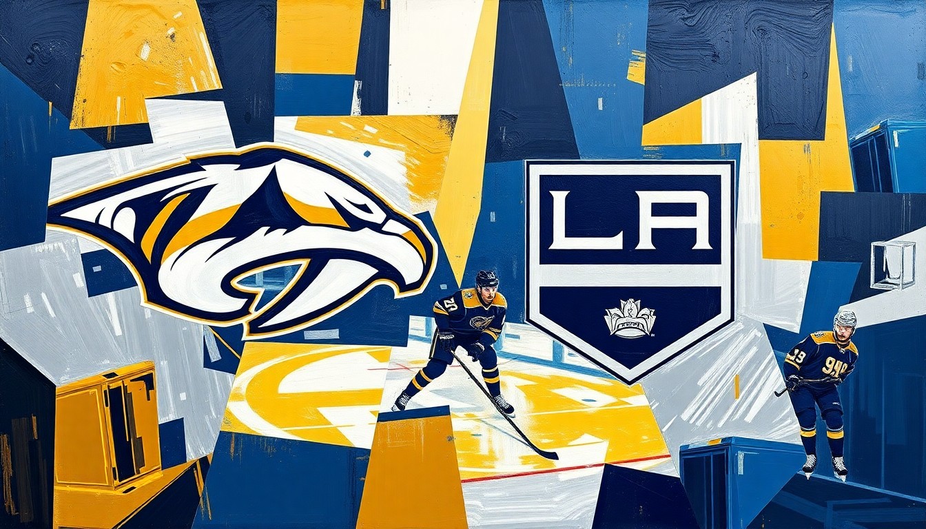 A cubist, geometric painting depicting a hockey game between the Nashville Predators and Los Angeles Kings, with sharp, overlapping planes of navy blue, gold, and silver representing the teams' colors.