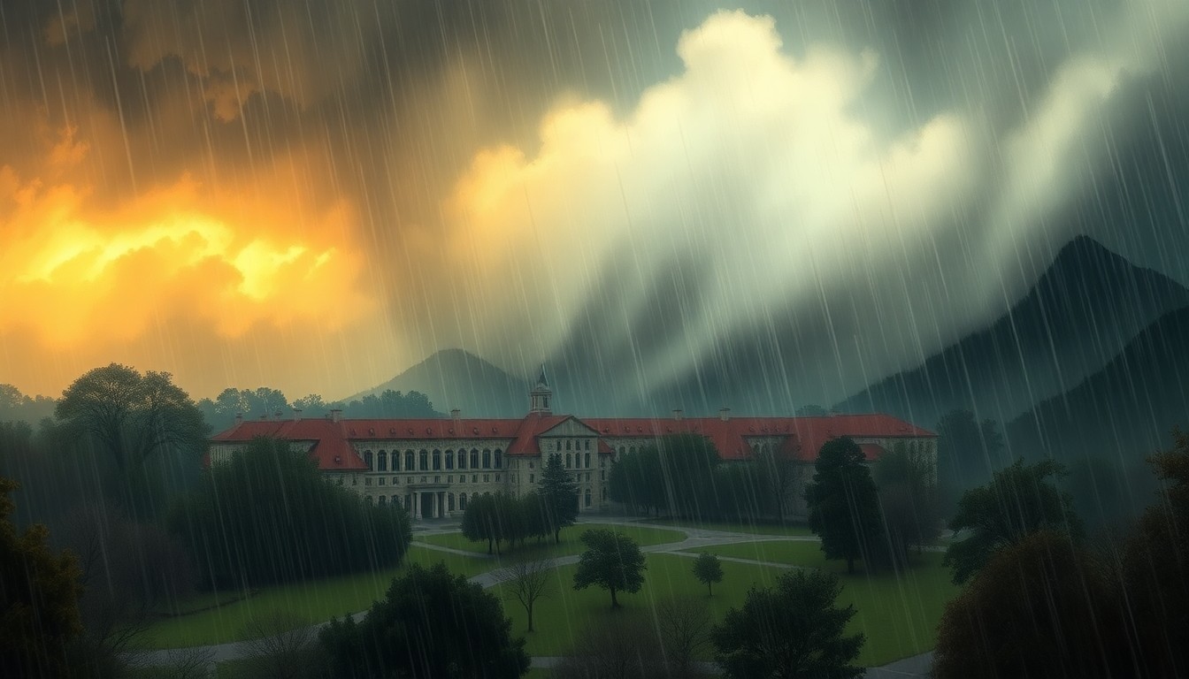 A sweeping, atmospheric landscape painting depicting a heavy rainstorm sweeping across a college campus, with the physical structures dwarfed by the overwhelming power of nature.