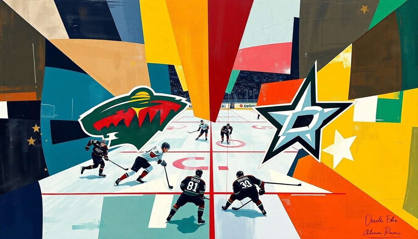A cubist, geometric painting depicting a hockey game between the Minnesota Wild and Dallas Stars, with the players and action broken down into sharp, overlapping planes of vibrant team colors.