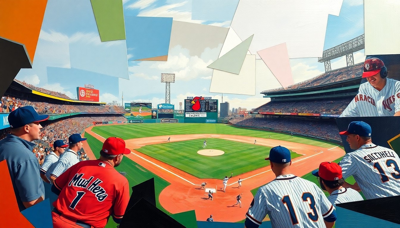 A fragmented, geometric painting in bold colors depicting a baseball game, with players and the field broken down into sharp, overlapping shapes, conveying the intensity and teamwork of the Mud Hens' victory.