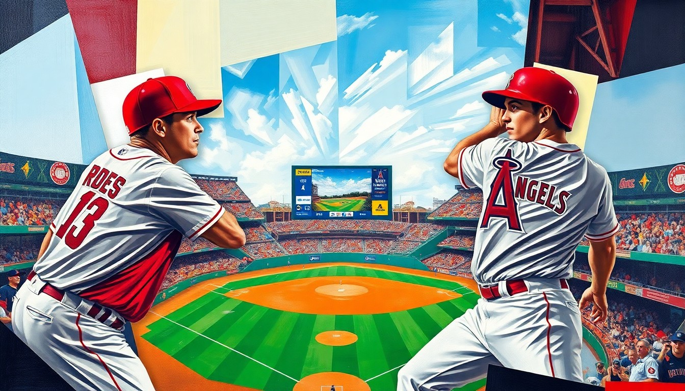 A fragmented, geometric painting in bold colors depicting a baseball game in motion, with players and field elements broken down into sharp, overlapping planes.
