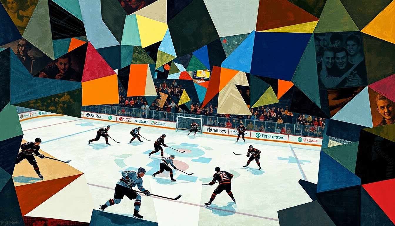 A cubist, geometric painting depicting a fragmented hockey game, with players and the arena broken down into abstract shapes and angles, reflecting the chaos and intensity of the sport.