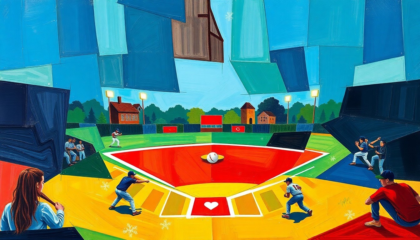 A cubist, geometric painting depicting the action and movement of a high school softball game, with overlapping planes of color and form capturing the energy and intensity of the sport.