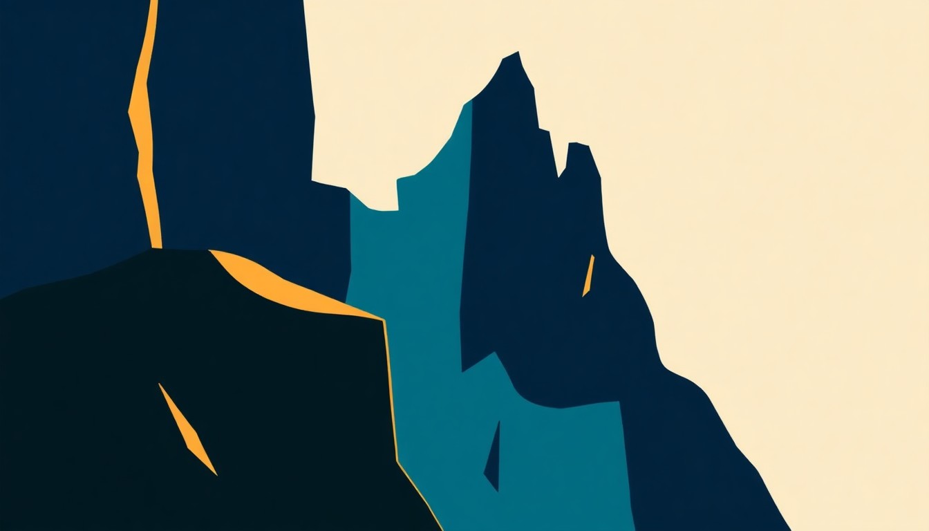 An abstract, minimalist illustration composed of bold, geometric shapes in shades of blue, green, and orange, conceptually representing the diverse international films and cultural connections of the Los Alamos Film & Culture Festival.