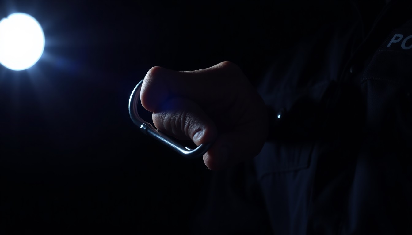 An extreme close-up photograph of a metal carabiner clip, lit by a harsh, direct camera flash against a pitch-black background, conveying the urgency and intensity of the rescue effort.