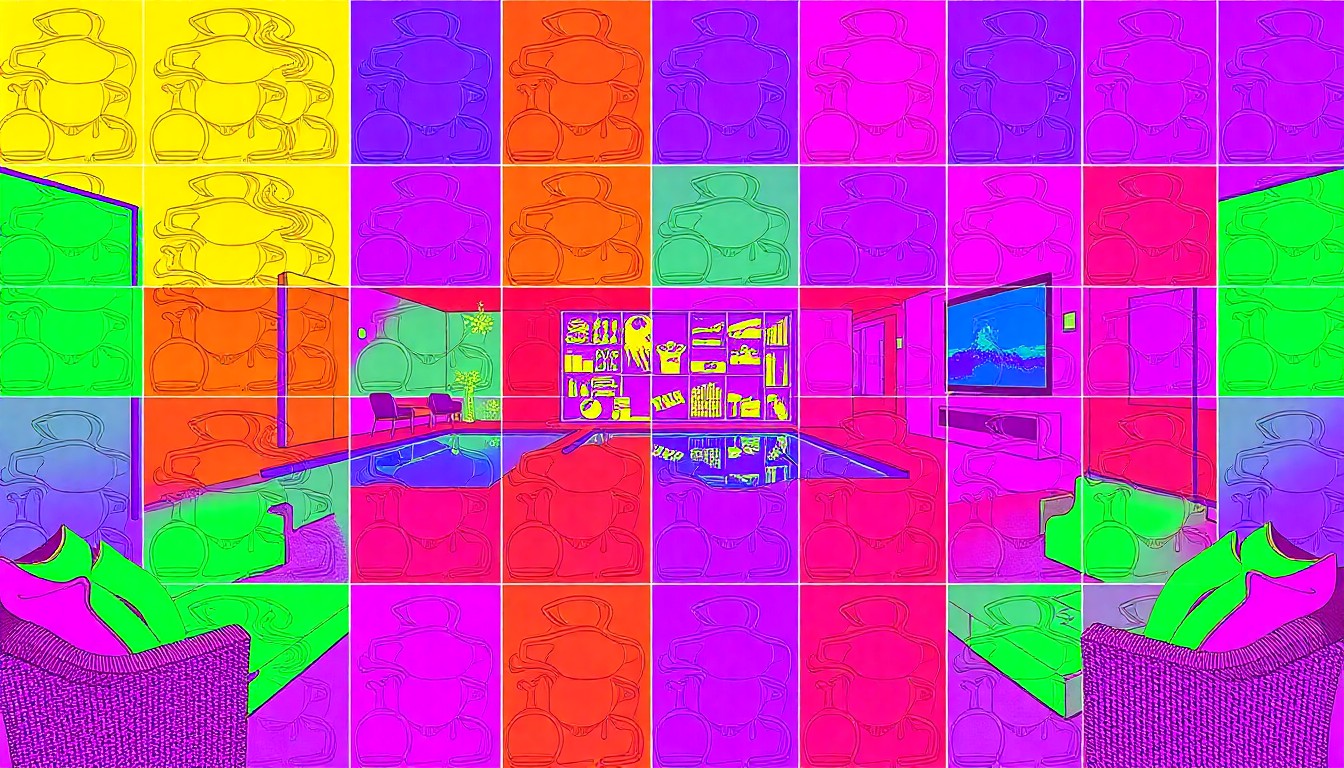 A high-contrast silkscreen print in neon pink, blue, and yellow hues depicting a repeated image of a luxury swimming pool, conceptually representing the opulent features of a celebrity home.