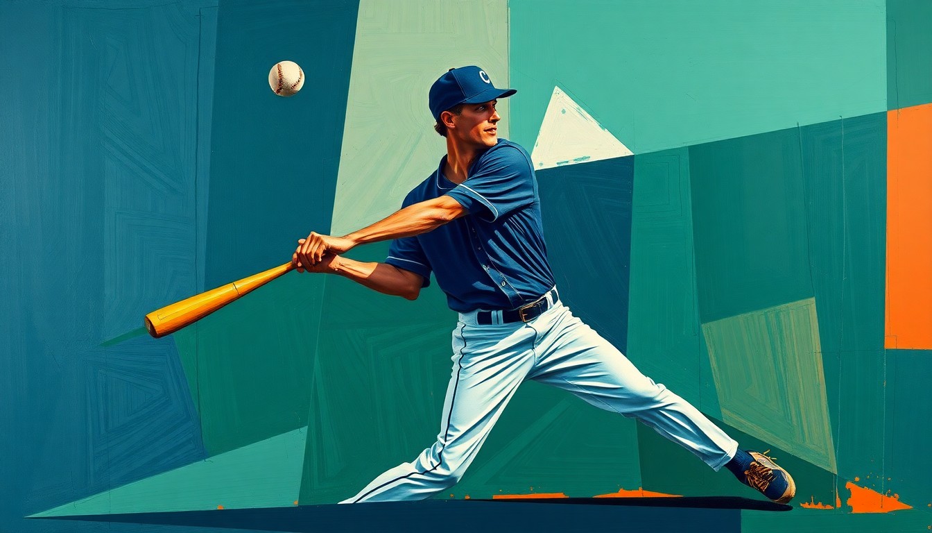 A fragmented, geometric painting depicting a baseball player's fielding motion broken down into sharp, overlapping planes of color, conceptually representing the challenges of maintaining consistent performance in professional sports.