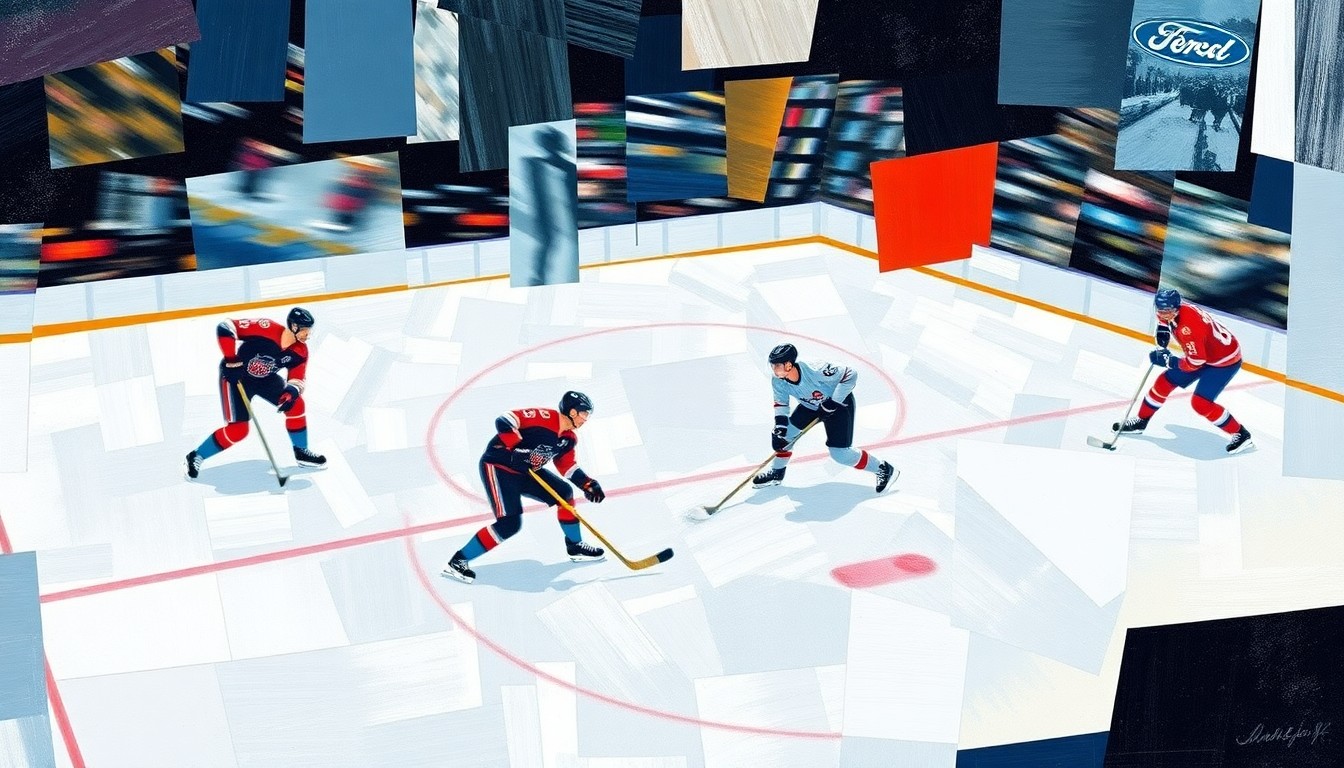 A fragmented, geometric painting depicting the dynamic movements and energy of a professional hockey game, with overlapping shapes and planes representing the players, puck, and ice.