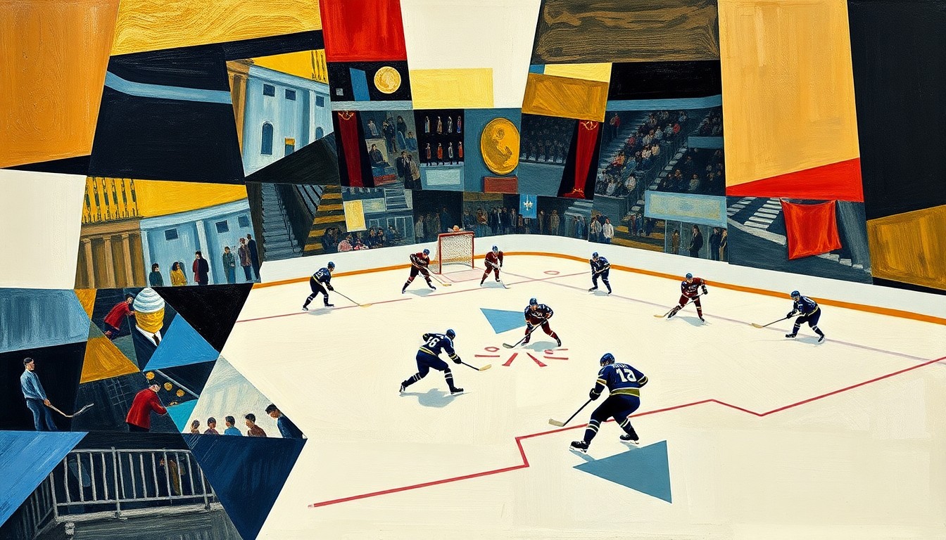 A cubist, geometric painting depicting a hockey game, with players and the rink broken down into sharp, overlapping planes of color and shape, capturing the dynamic action of the sport.