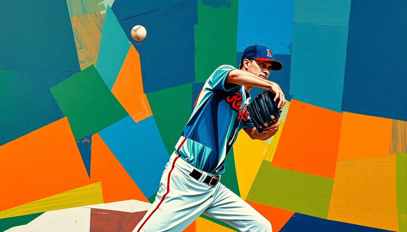 A cubist, geometric painting depicting a baseball pitcher's delivery broken down into overlapping planes of navy, green, and orange, capturing the raw power and precision of Soriano's dominant pitching performance.