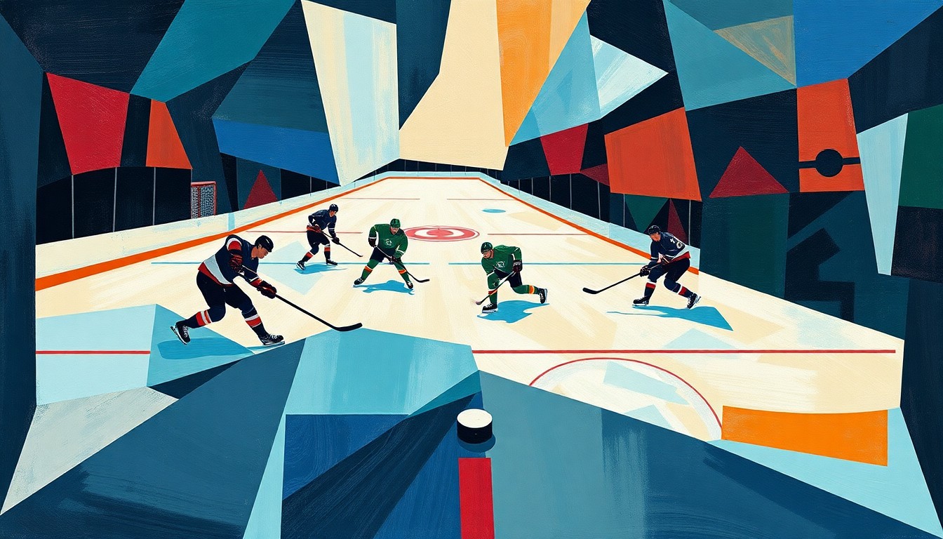 A fractured, cubist-style painting depicting the action of a hockey game, with players and the puck represented as angular, overlapping geometric shapes in a palette of deep blues, greens, and reds.