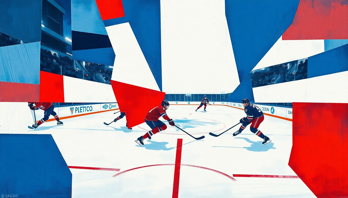 A fragmented, geometric painting depicting the action and movement of a professional ice hockey game, with sharp planes of blue, white, and red representing the players, puck, and rink.