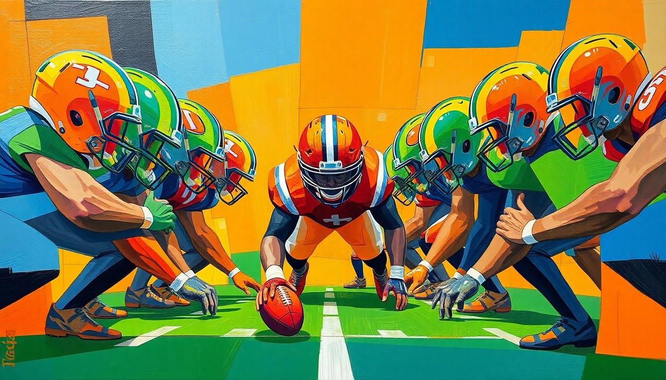 A cubist, geometric painting depicting the fragmented forms of football offensive linemen, using bold colors and sharp, overlapping shapes to capture the power and complexity of the position.