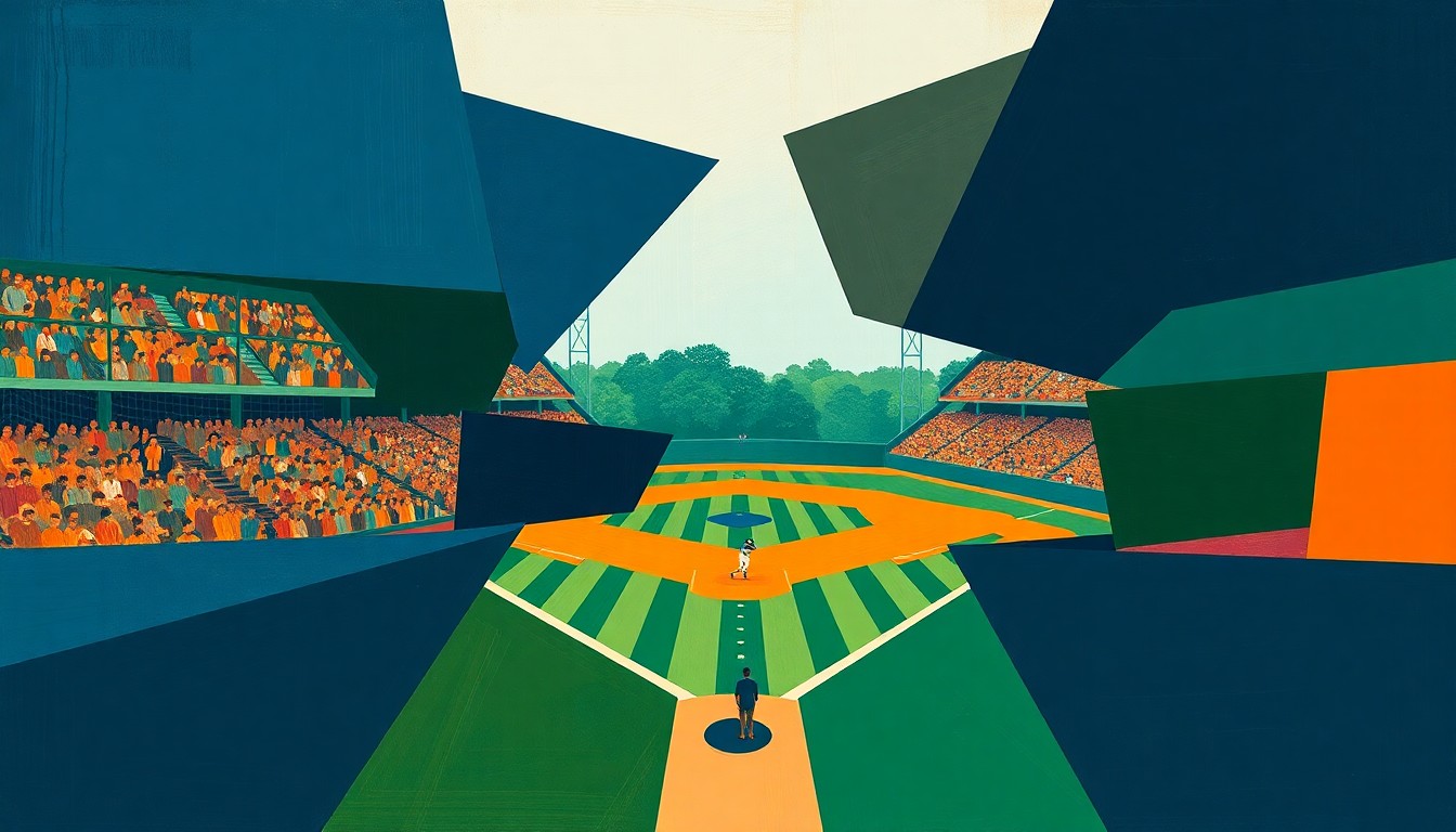 A vibrant, abstract painting featuring overlapping geometric shapes and planes in shades of blue, green, and orange, conceptually representing the dynamic movements and competing forces of a college baseball game.