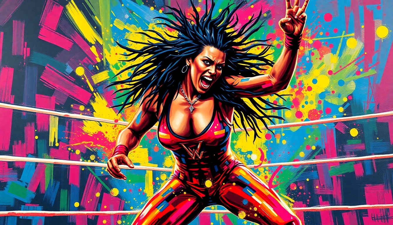 An abstract, expressionist painting in neon colors depicting the dynamic movements and energy of a wrestler, with their face and body dissolving into unrecognizable brushstrokes.
