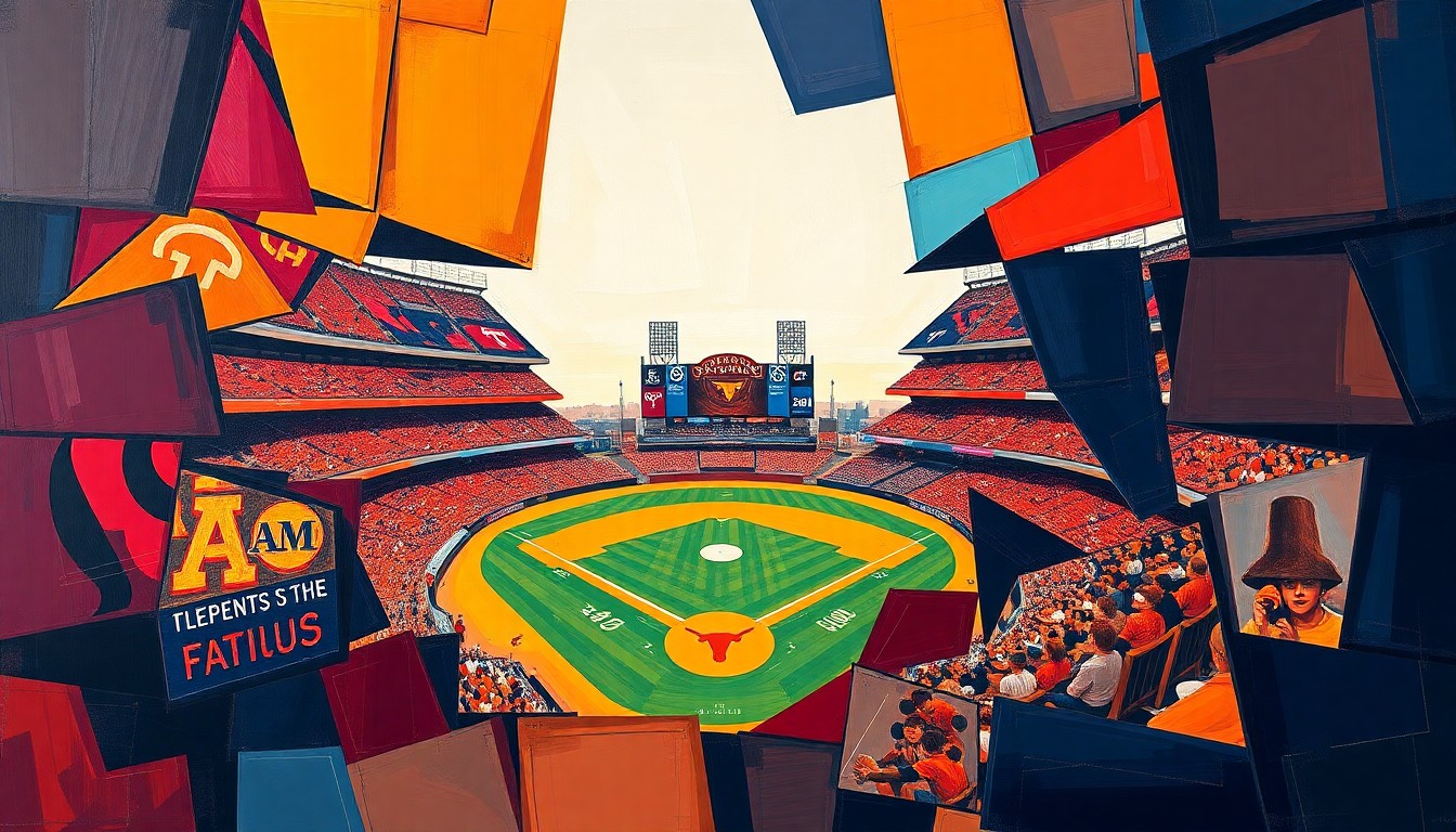 A cubist, geometric painting depicting a baseball game between Texas A&M and Texas, with the players and field broken down into sharp, overlapping shapes and planes in maroon, orange, and navy blue.