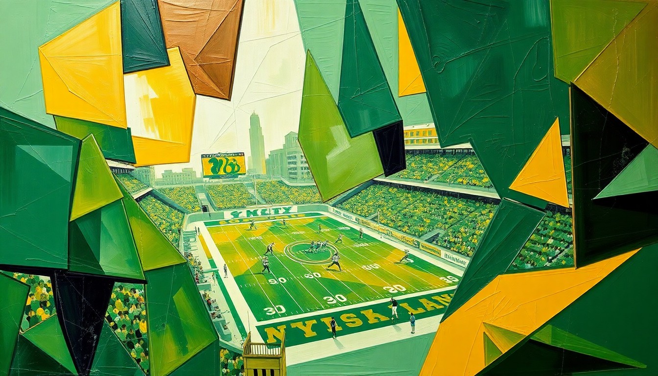 A cubist, geometric painting depicting a Norfolk State football game, with sharp, overlapping planes of green and gold representing the intense action on the field.