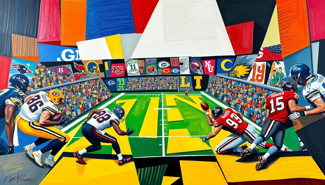 A cubist, geometric painting depicting a fragmented football game, with sharp planes of color representing the players and field. The abstract composition captures the energy and movement of the sport.