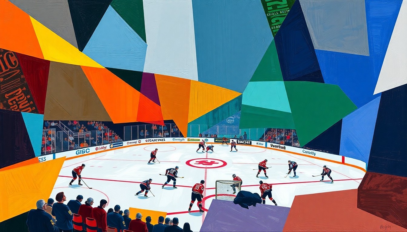 A fractured, cubist-style painting depicting the action and energy of a pro hockey game, with sharp geometric shapes and planes in the teams' official colors.