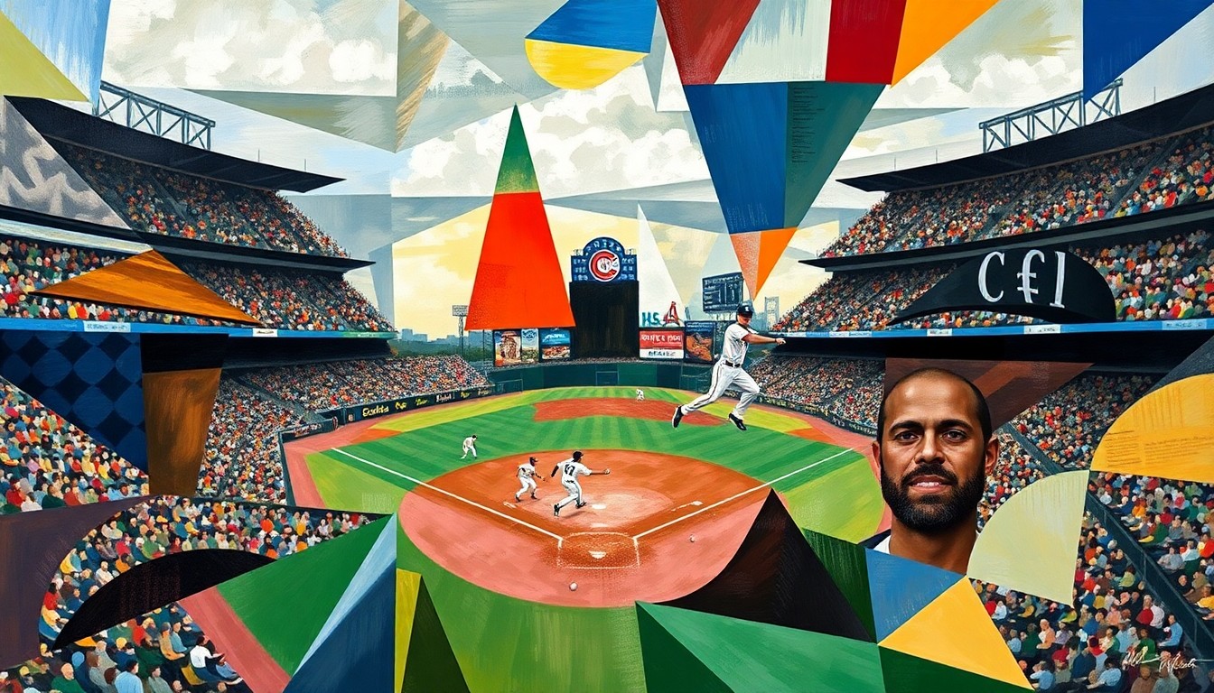 A cubist, geometric painting depicting a fragmented baseball game, with players, field, and stadium broken down into overlapping planes of color and abstract shapes, conveying the intensity and drama of the game's final innings.