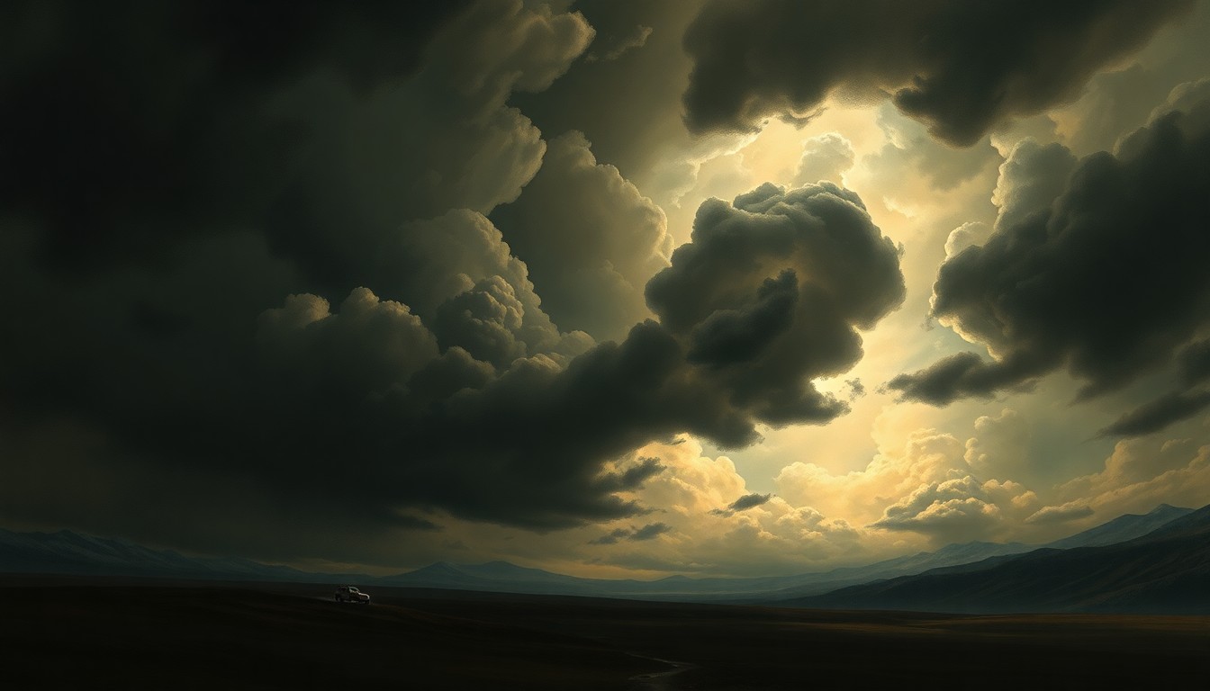 A sweeping, atmospheric landscape painting in muted tones of gray, blue, and gold, with a small, isolated structure barely visible in the distance, dwarfed by the dramatic, swirling storm clouds overhead, conveying the overwhelming power of nature.