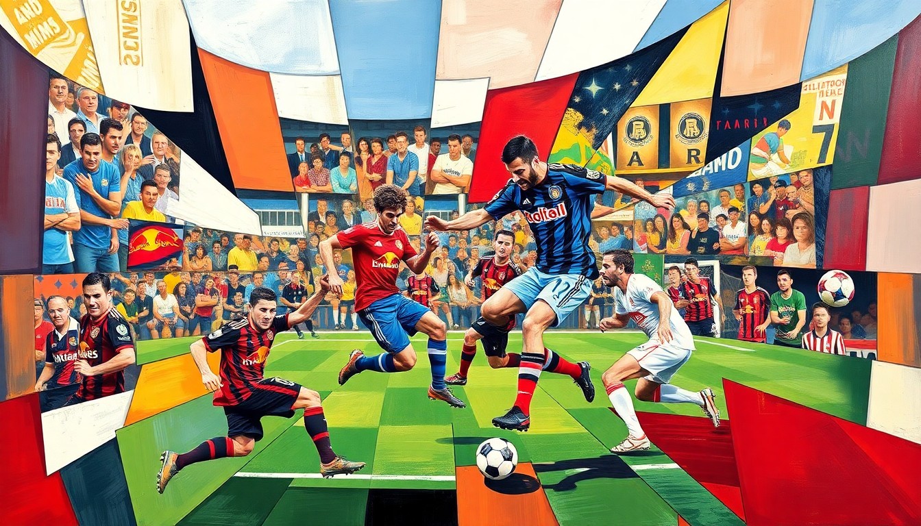 A fragmented, geometric painting depicting the dynamic action of a soccer match, with players' forms broken down into sharp, overlapping planes of color and shape, capturing the energy and unpredictability of the game.