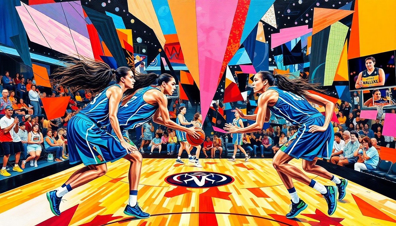 A fractured, cubist-style painting depicting the dynamic movements and energy of a WNBA basketball game, with the vibrant colors of the Dallas Wings and Minnesota Lynx uniforms overlapping in sharp geometric planes.