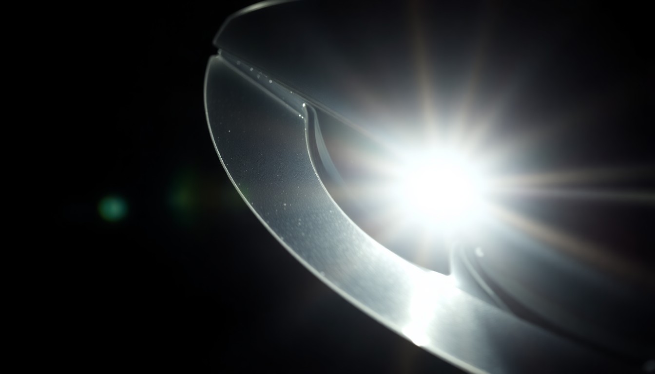 An extreme close-up photograph of a shiny metal car part, such as a side mirror or hubcap, lit by a harsh, direct camera flash against a pitch-black background, conceptually illustrating the violent aftermath of a road rage incident.