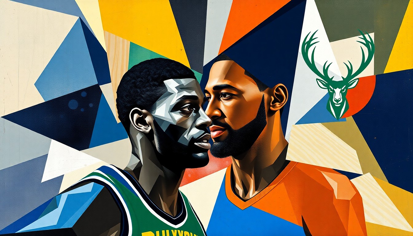 A fractured, geometric painting depicting a basketball game between the Denver Nuggets and Milwaukee Bucks, with the players' figures deconstructed into abstract shapes and forms, capturing the intensity and energy of the matchup.