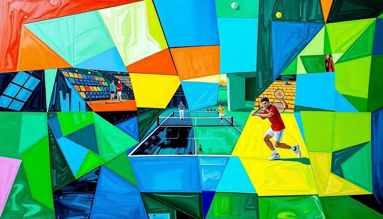 A cubist, geometric painting depicting a tennis match or tournament, with sharp, overlapping planes of vibrant blue, green, red, and white, capturing the dynamic energy and competitive spirit of the sport.