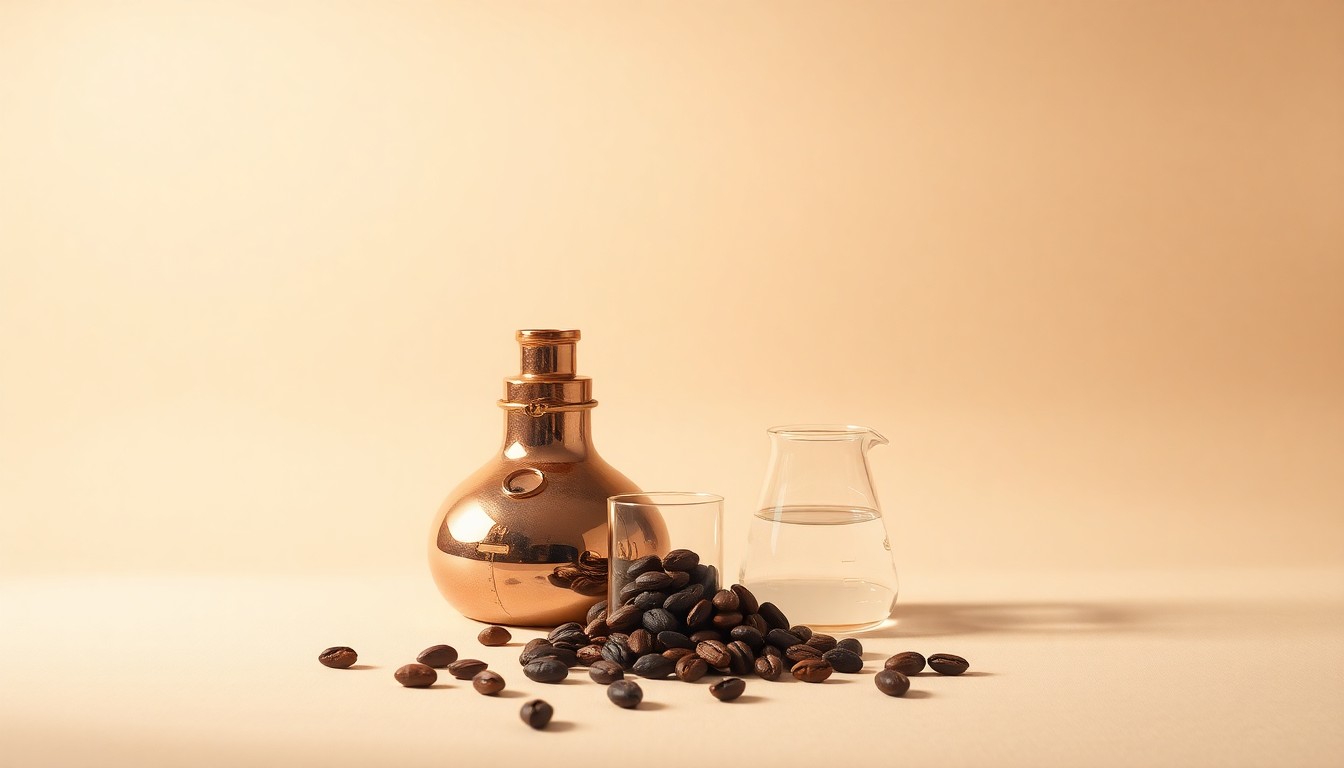 A high-end, photorealistic studio still-life photograph featuring a polished copper still, a glass beaker, and a few artfully arranged cacao beans on a clean, monochromatic background, conceptually representing the craft and quality of the new micro-distillery at Dotty Wampus.