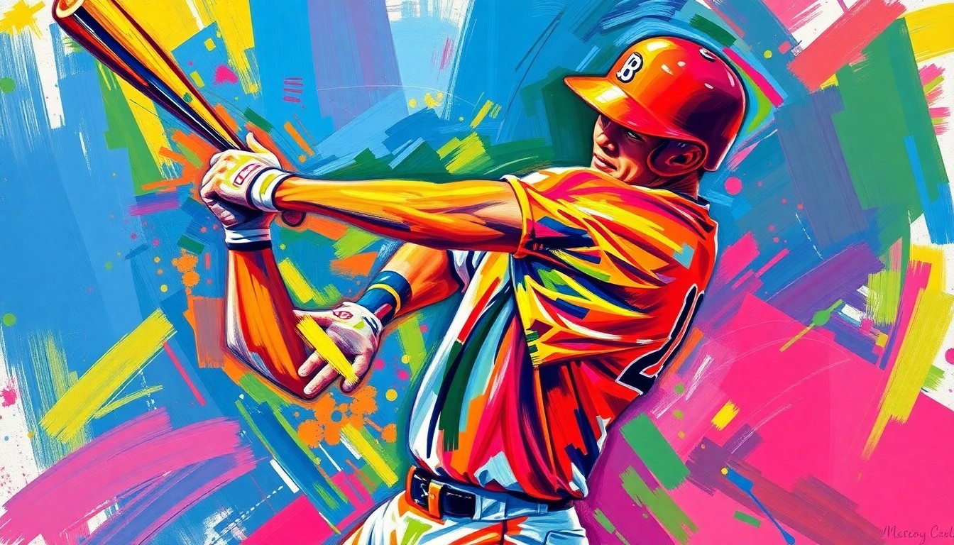 An abstract, expressionist painting in bright neon colors depicting the dynamic motion and energy of a baseball player swinging the bat.
