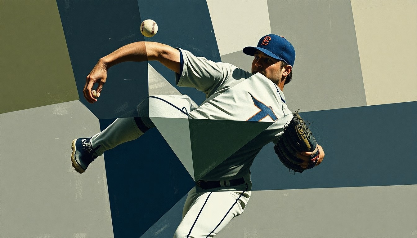 A cubist-style painting depicting a baseball pitcher's motion broken down into sharp, overlapping geometric shapes in muted navy, grey, and olive green tones, conveying the delicate balance between potential and performance in professional sports.