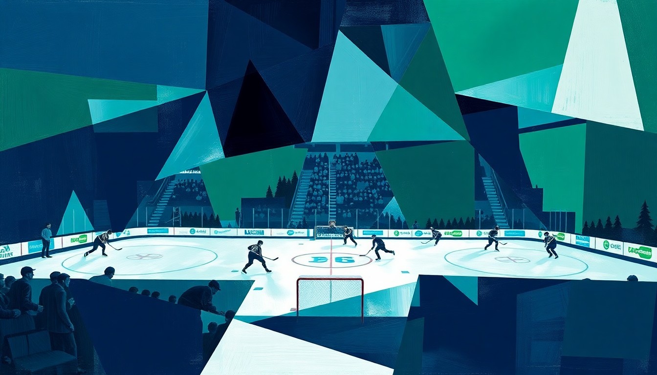 A cubist, geometric painting depicting a hockey game, with players and the rink broken down into overlapping angular shapes in navy, green, and white tones, conveying the dynamic action and energy of the sport.