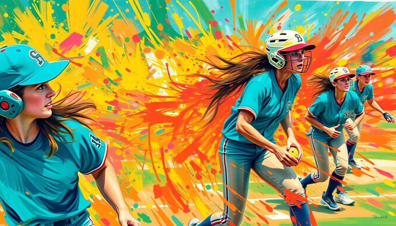 An abstract, energetic painting featuring bold brushstrokes in neon teal, yellow, and pink, capturing the dynamic motion and spirit of a softball game.