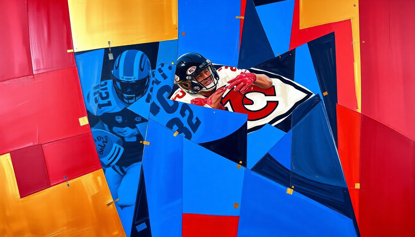 A fragmented, cubist-style painting depicting a Kansas City Chiefs defensive play, with sharp geometric shapes in red, blue, and gold representing the players and action on the field.