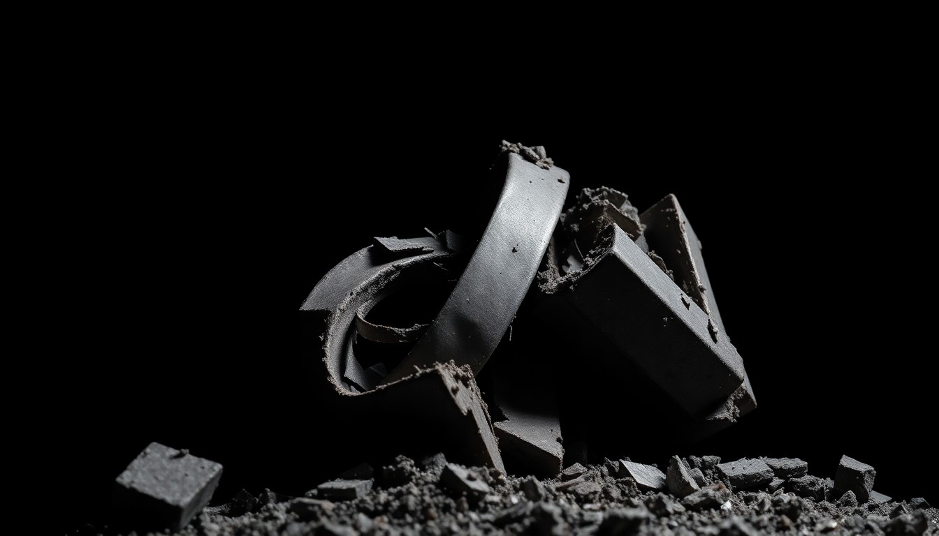 An extreme close-up photograph of a twisted, mangled piece of metal debris from a collapsed structure, capturing the stark, gritty aftermath of a tragic construction accident.