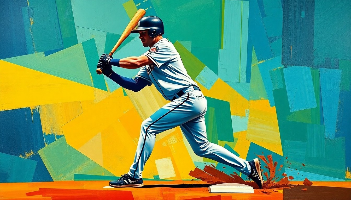 A cubist, geometric painting depicting a baseball player in mid-motion at second base, with their body fractured into overlapping planes of deep blues, greens, and oranges, conveying the energy and versatility of the player's position change.