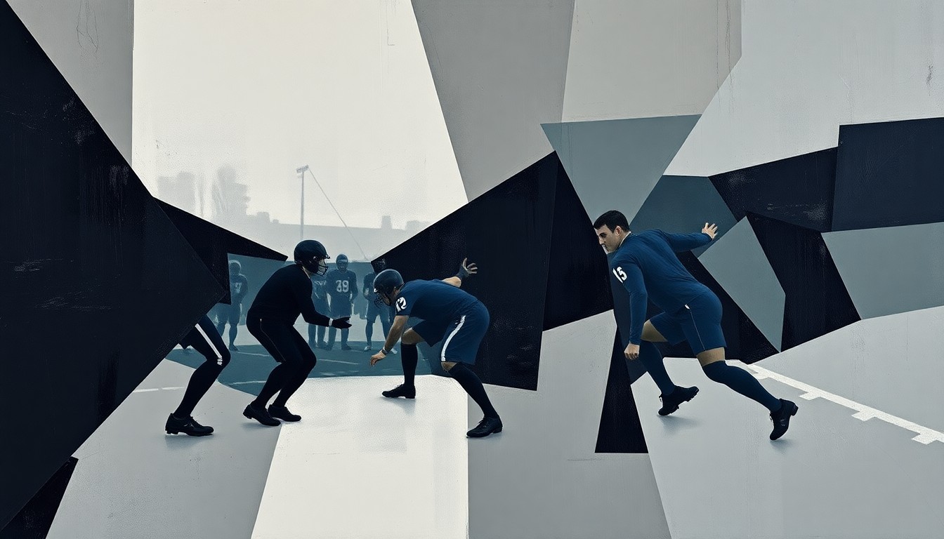 A fragmented, geometric painting depicting a football coaching scene, with sharp, overlapping planes of muted colors representing the complex factors at play in the Steelers' coaching search.
