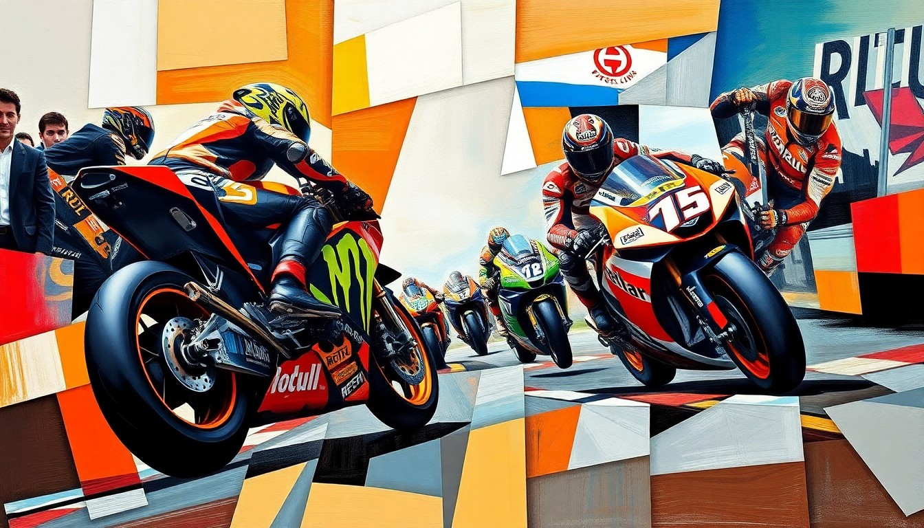 A cubist, geometric painting depicting the collision between two motorcycle riders in a MotoGP race, with the riders and their bikes broken down into sharp, overlapping planes of color and form.