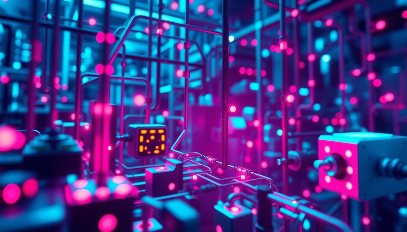 A highly detailed, three-dimensional illustration featuring various glowing, neon-lit technological components and infrastructure, representing the complex and interconnected nature of AI systems.