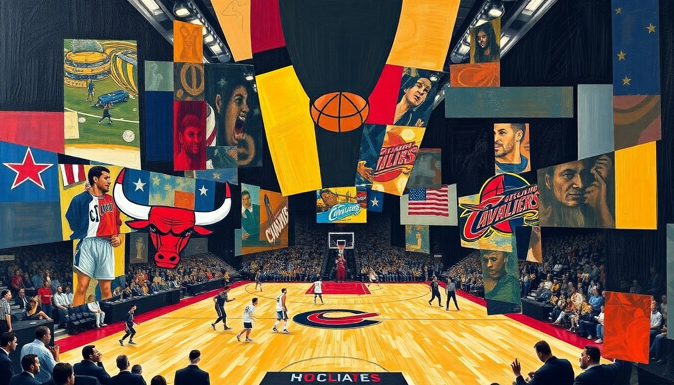 A fragmented, geometric painting depicting a basketball game between two teams, with sharp, overlapping shapes and planes representing the players' movements and the intensity of the competition.