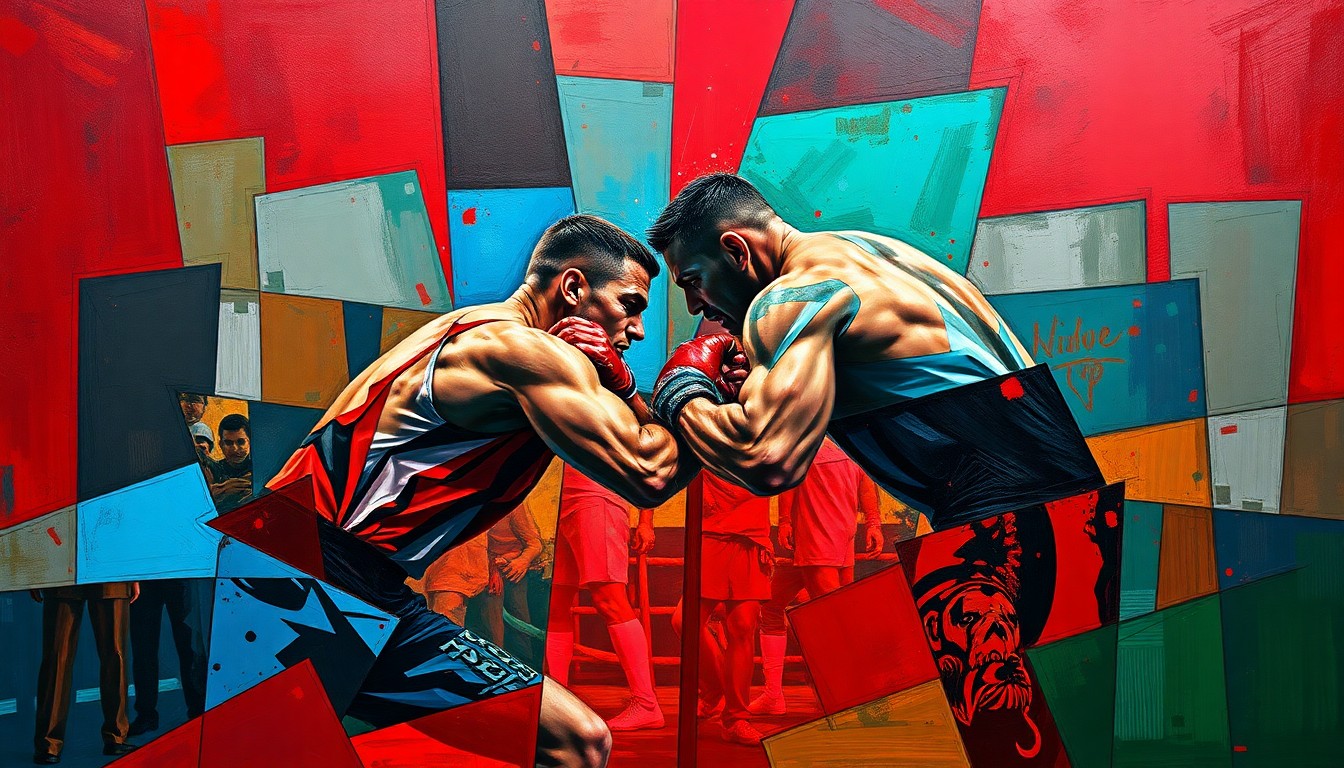 A cubist-style painting depicting a mixed martial arts match or competition, with the action broken down into sharp, overlapping geometric shapes in vibrant colors, capturing the raw energy and complexity of the sport.