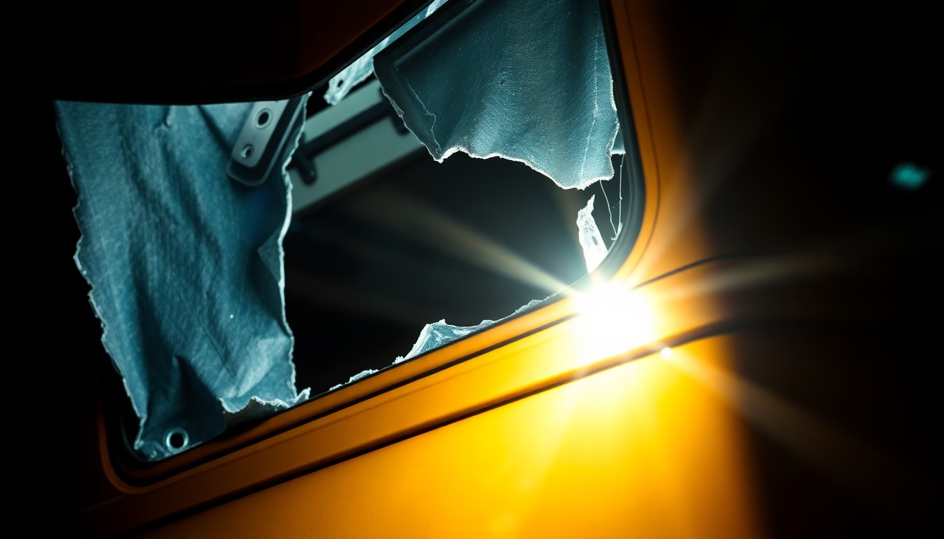 An extreme close-up photograph of a damaged school bus part, such as a shattered window or crumpled metal, captured in stark, dramatic lighting to convey the gravity of the situation without depicting any violence or victims.