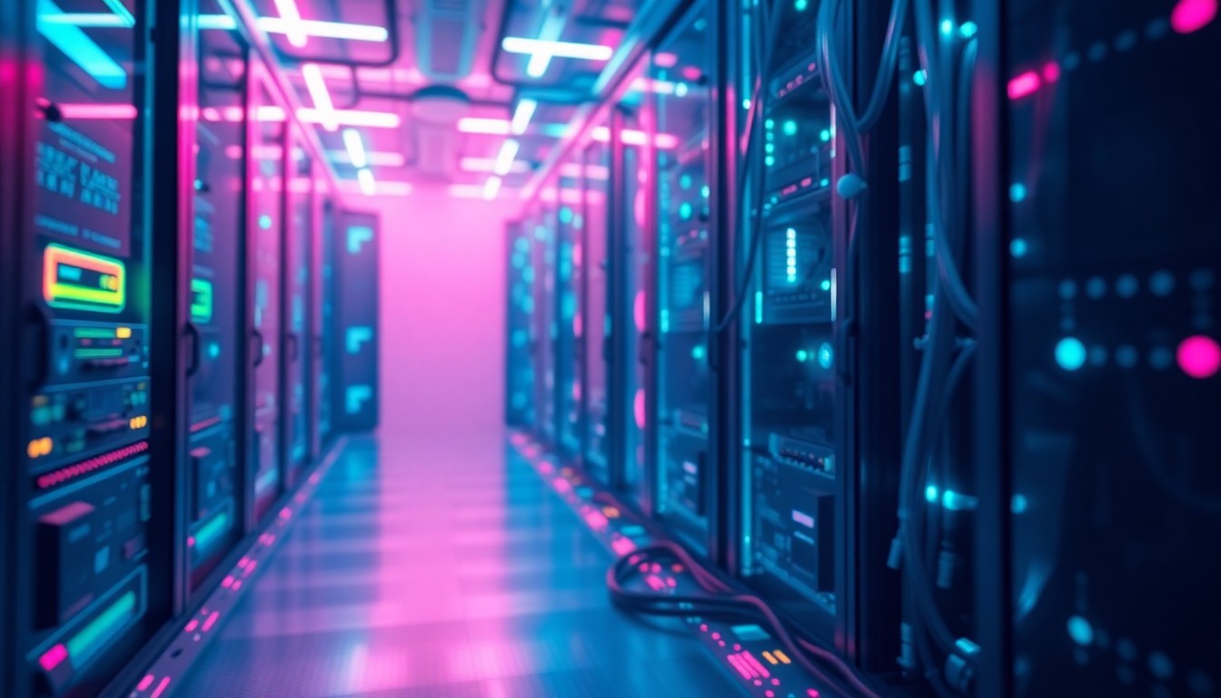 A highly detailed, glowing 3D illustration of a futuristic multiplayer gaming server or network, featuring intricate circuit boards, fiber optic cables, and cooling systems illuminated by vibrant neon lights, conceptually representing the technological advancements enabling the next generation of online gaming.