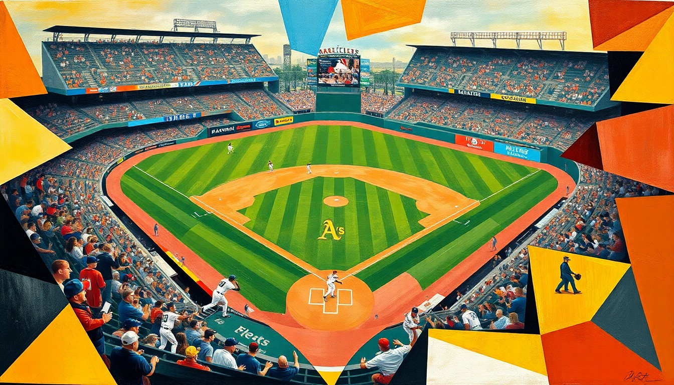 A fractured, multi-perspective painting breaking down a baseball game between the Oakland Athletics and New York Mets into sharp, overlapping geometric shapes and planes of color, abstracting the players' movements and the field of play.