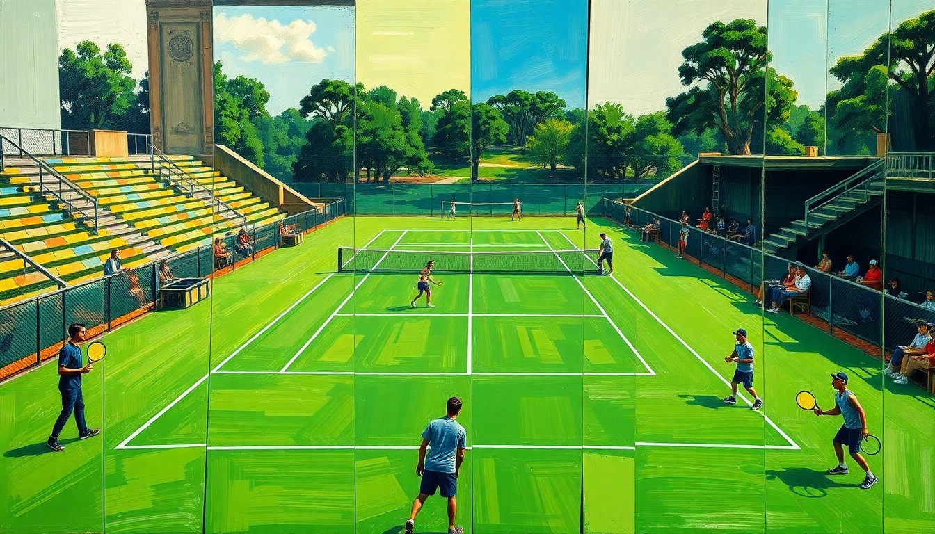 A cubist, geometric painting depicting the fragmented action of a college tennis match, with bright green courts, yellow balls, and blurred player silhouettes.
