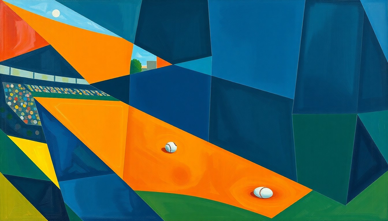 A cubist-style painting featuring overlapping geometric shapes and planes in shades of blue, green, and orange, capturing the dynamic motion and energy of a softball game.