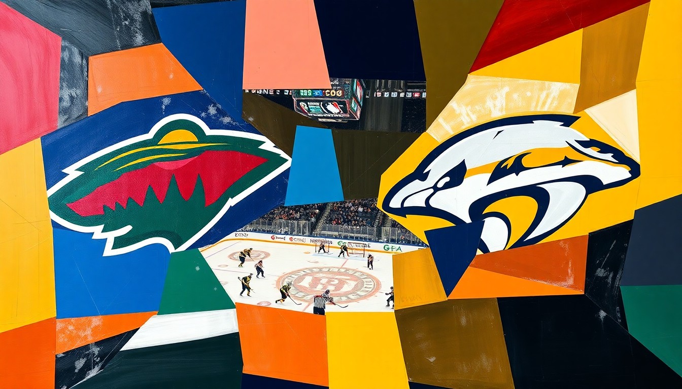 A cubist, geometric painting depicting the intense action of a hockey game between the Minnesota Wild and Nashville Predators, with the teams' colors of green, red, blue, and gold used in the fractured, overlapping shapes.